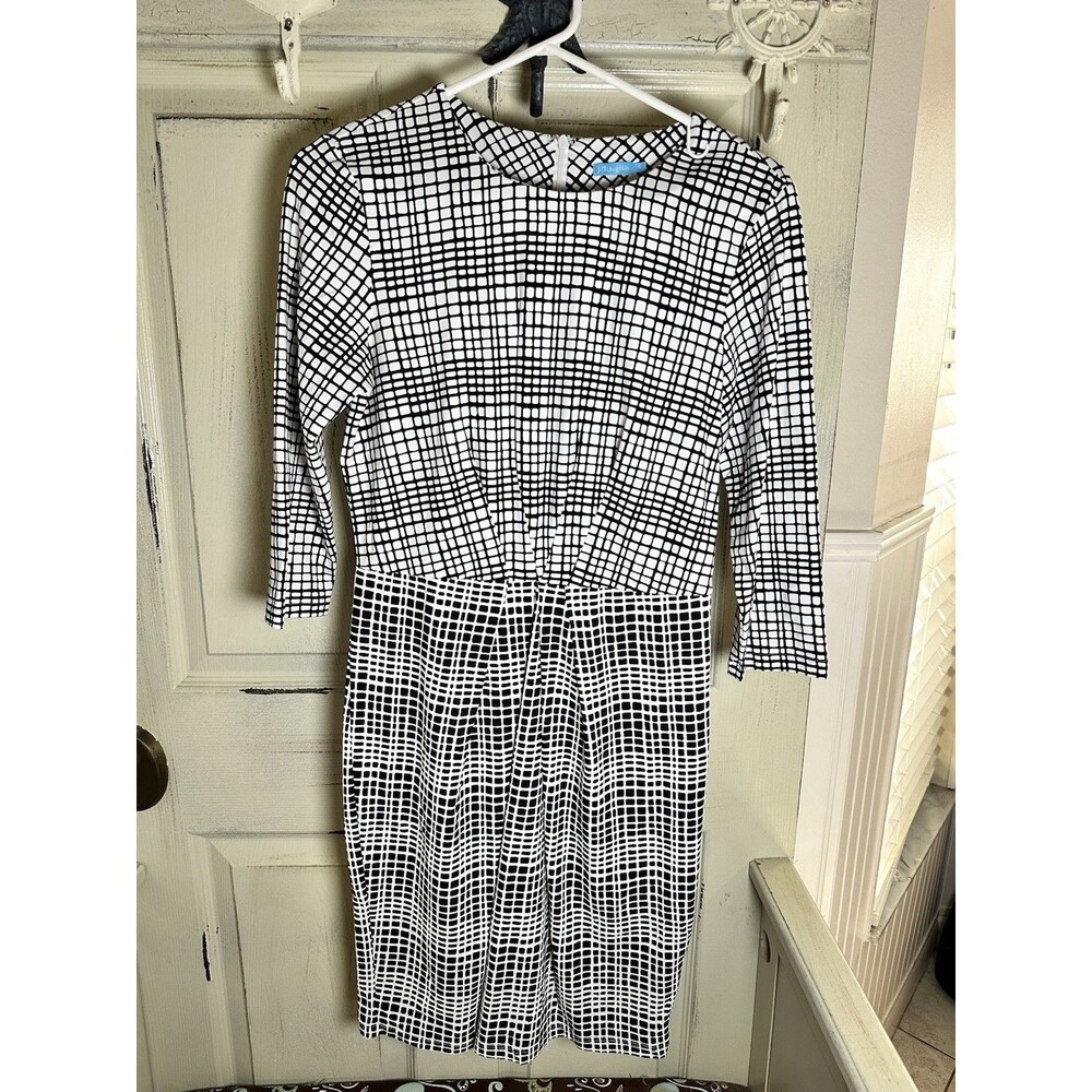 J. MCLAUGHLIN Mia 3/4 Sleeve Pleated Dress Black White Womens Small S